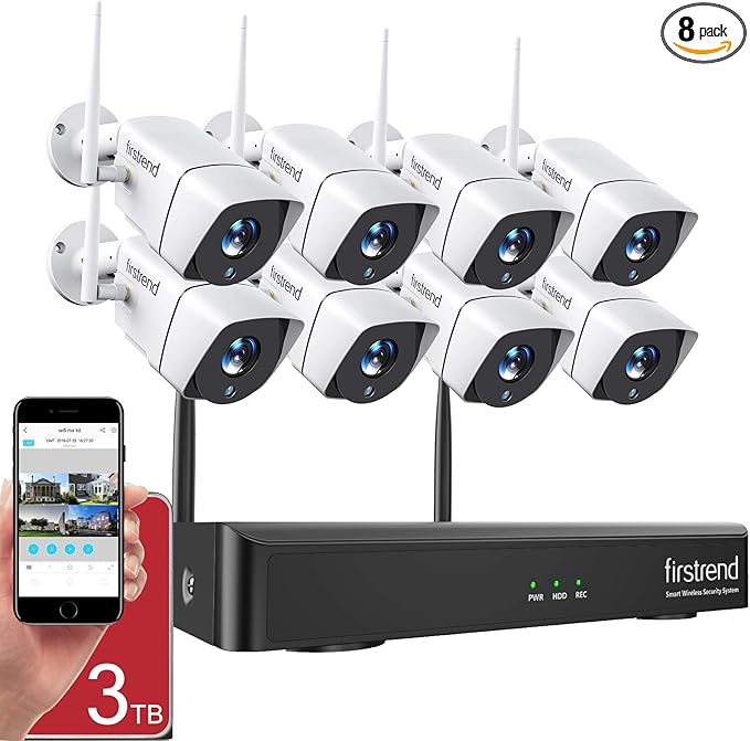 1080P Wireless Security Camera System, Firstrend 8CH Wireless NVR System with 8 pcs 1080P HD Security Camera and 3TB Hard Drive Pre-Installed, CCTV P2P for Indoor Outdoor for Home