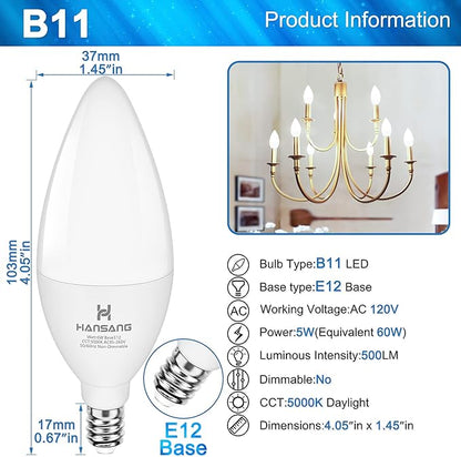LED Candelabra Light Bulbs E12 Small Base Daylight 5000K, Hansang Type B Shape Light Bulb 60w Equivalent, 500LM Small Candelabra Base B11 Light Bulb for Chandelier Ceiling Fan 120V Non-Dimmable 8 Pack