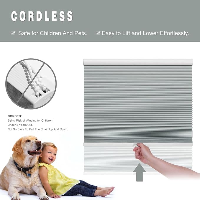 Changshade Custom Blinds Cellular Shades Blackout Cordless for Indoor Windows, Honeycomb Blind Room Darkening Black Out Shade for Bedroom, Bathroom, Nursey, Heat Light Blocking Easy Install, Grey