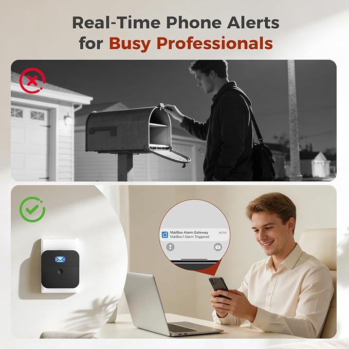 Smart Mailbox Alarm, WiFi Wireless Mailbox Sensor Long Range Mail Alert System with Real-time App Notifications with LED Light and Sound Reminders for Delivered Mail