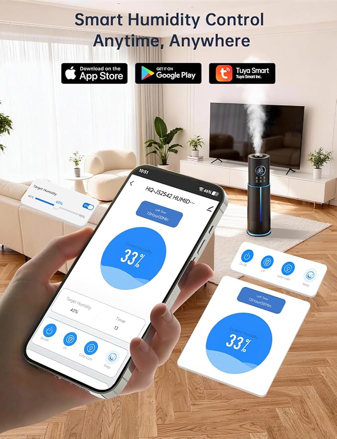 10L/2.64 Gal Humidifier for Large Room 600ft² 60H Runtime 24H Timer Auto Mode APP & Remote Control Top Fill Diffuser Aromatherapy 7 Color Lights Cool Mist Humidifier for Bedroom Home Office Plant
