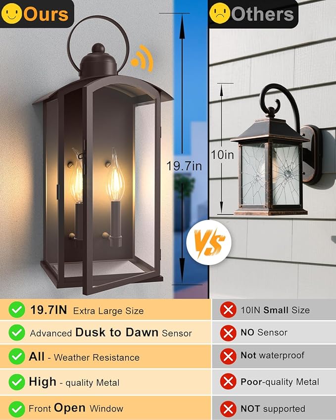 19.7IN Dusk to Dawn Outdoor Wall Light Fixtures,Reddish Brown Exterior Lanterns Waterproof, Large Porch Sconces Wall Mounted Lighting, Modern Front Open Window Wall Lamps for House, Patio