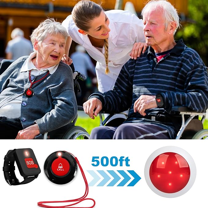 Wireless Caregiver Pager System - 2 Receivers with Strobe Light 3 Waterproof Transmitters (2 Lanyard/1 Watch SOS Button) Emergency Alert for Elderly Patients Home Care Hospitals No Monthly Fee