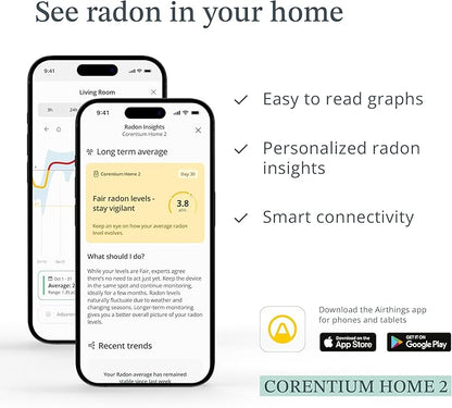 Airthings 325 Corentium Home 2 Smart Digital Radon Detector - Portable and Easy-to-use Radon Testing with Bluetooth connectivity and Humidity & Temperature Sensors