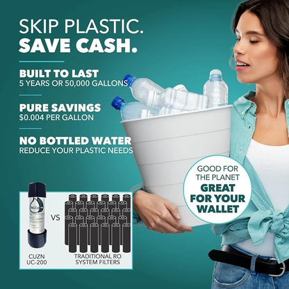 CuZn UC-200 Under Sink Water Filter, NSF/ANSI 42 & 372, 5-Year Filter Life | Reduces PFAs, PFOS, Lead, Chlorine, Improves Tap Water Taste, Inline Faucet Connection for Simple Installation