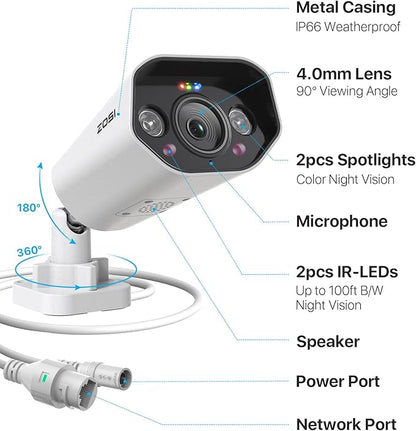 ZOSI 2 Pack 4K PoE Security Cameras, Human Detection, Color Night Vision, Two Way Audio, 8MP Weatherproof Outdoor Indoor IP Add-on Camera 4K PoE NVR