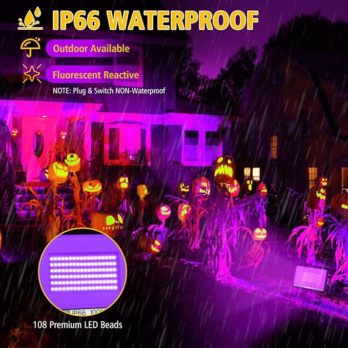 T-SUN 2 Pack 100W LED Black Lights, Blacklight Flood Light with Plug, Halloween Blacklight Outdoor, IP66 Waterproof Flood Light for Glow Party, Body Paint, Fluorescent Poster, Stage, Neon Glow