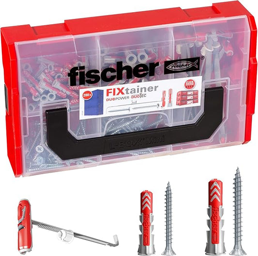 fischer FixTainer DuoPower/DuoTec + Screws (200pcs) Power and Smart Box Set, Universal Toggle Plugs, Folding Expansion Home Renovation Solid, Hollow or Drywallpaper Secure Fastening Solution