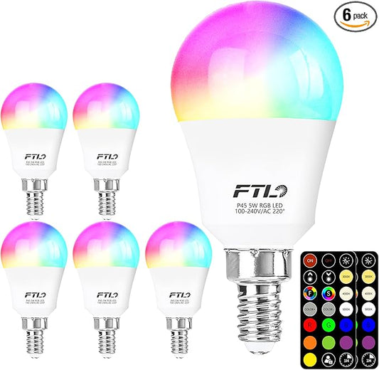 FTL E12 LED Light Bulb Color Changing, 5W 40W Equivalent A15 RGB Light Bulb with Remote Control, Warm White to Daylight White 2700K-6000K, 30 Colors RGB E12 LED Bulb Dimmable,Timer, 2 Modes,6-Pack