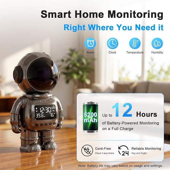 2K Clock Indoor Camera, 2.4G/5G WiFi Cameras for Home Security with Temperature & Humidity Display, 2-Way Audio, AI Motion Detection, Color Night Vision, Baby Monitor & Pet Camera (Gray)