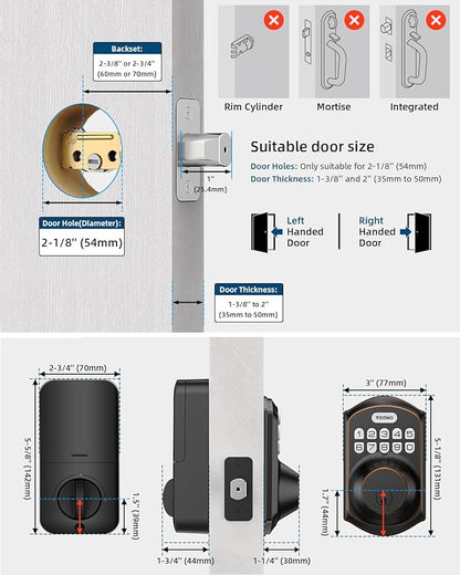 TEEHO TE001 Keyless Entry Door Lock with Keypad - Smart Deadbolt Lock for Front Door with 2 Keys - Auto Lock - Easy Installation - Oil-Rubbed Bronze