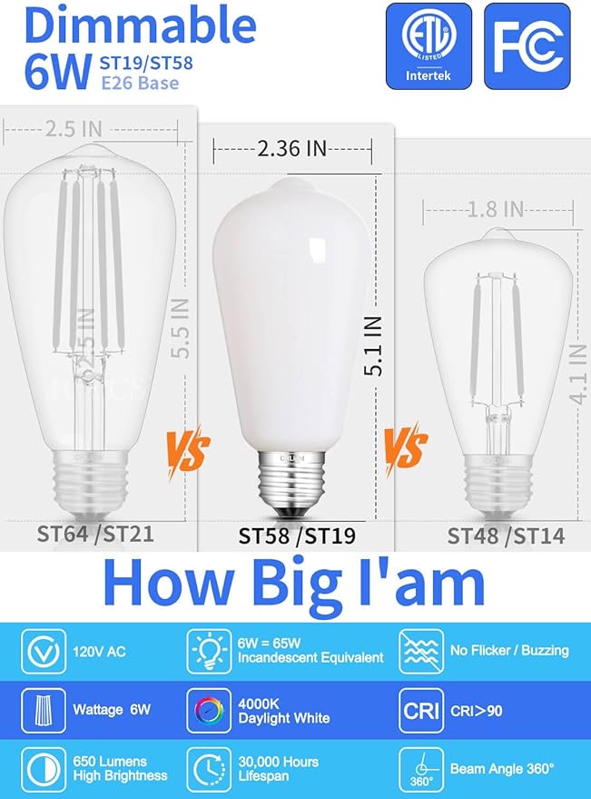 Dimmable Opal LED Edison Bulbs - 6W (65W Eqv) 650LM 4000K Neutral White, ST58 = ST19 E26 Base, Coated Inside White Milky Glass Vintage Filament Light, 10 Pack