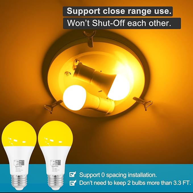 Qualilux Dusk to Dawn Bug Light Bulbs Outdoor, 1900K Amber Yellow, 600 Lumen, LED 9.5W, A19 E26, 4-Pack, HQ-H018