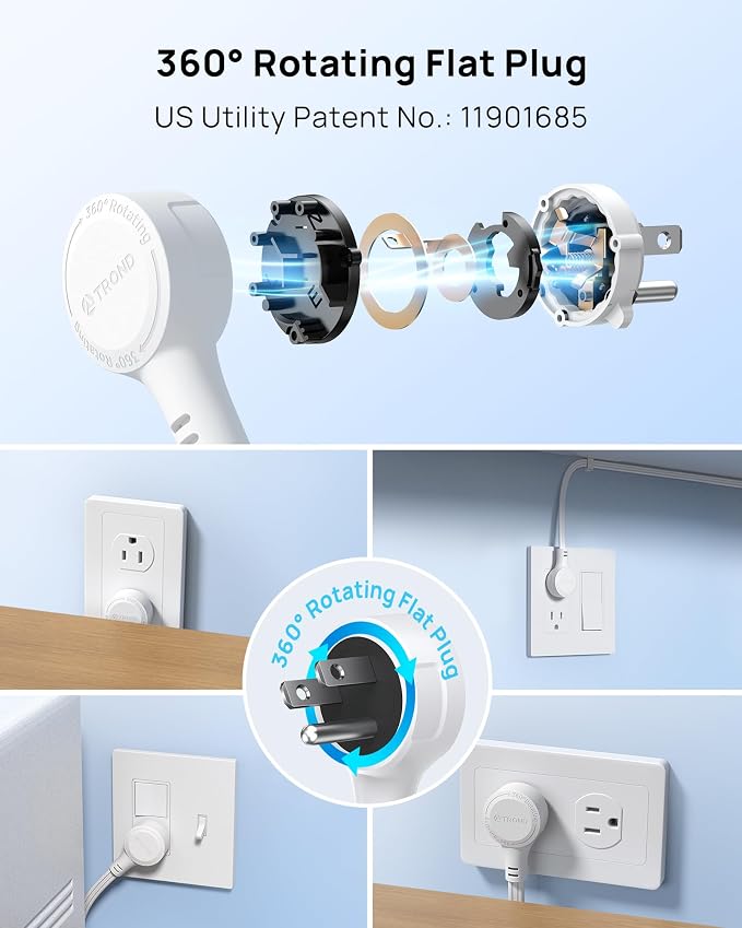TROND 360 Rotating Flat Plug Extension Cord 8ft, 3 AC, ETL Listed, White