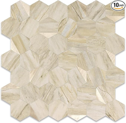 10-Sheet Heavy-Duty Hexagon Peel and Stick Backsplash, Thick Waterproof &Heat Resistant Stick on Wall Tiles, Slate Beige Mosaic for Kitchen & Bathroom, Strong Adhesive Permanent PVC Tiles