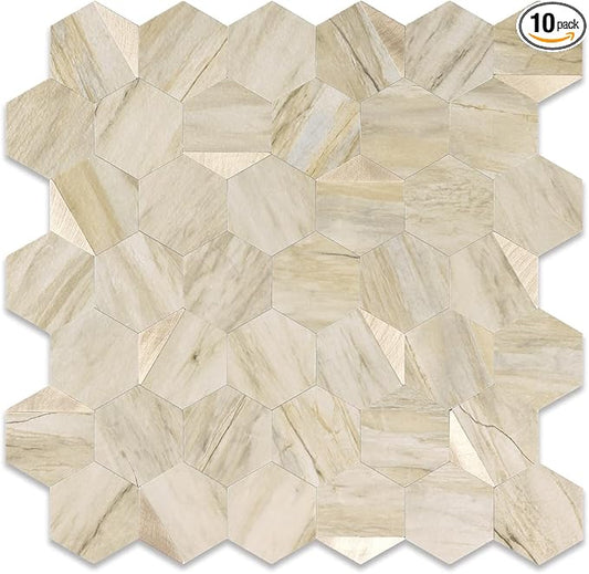10-Sheet Heavy-Duty Hexagon Peel and Stick Backsplash, Thick Waterproof &Heat Resistant Stick on Wall Tiles, Slate Beige Mosaic for Kitchen & Bathroom, Strong Adhesive Permanent PVC Tiles