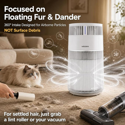 WISESKY Cat Air Purifier for Large Rooms, 5-Stage HEPA Air Cleaner for Cat Hair, Dander & Odors, 360° Air Intake, Quiet Operation, Bite-Resistant Cord & Tip-Over Protection, Smart App Control