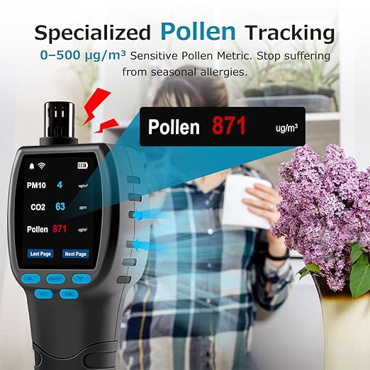 Air Quality Monitor CF-60PP WiFi PM2.5 PM10 TVOC Pollen AQI Tester for Indoor/Outdoor Air Pollution Detection TFT Color Display Rechargeable Custom Alarm CSV Report Download
