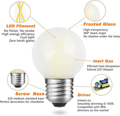 LED 25 Watt Equivalent Frosted Light Bulbs, Daylight White 5000K, 2W Dimmable Globe Bulb, E26 Medium Screw Base LED Edison Bulb for Chandeliers, Ceiling Fan, Table/Desk Lamp, 4 Pcs