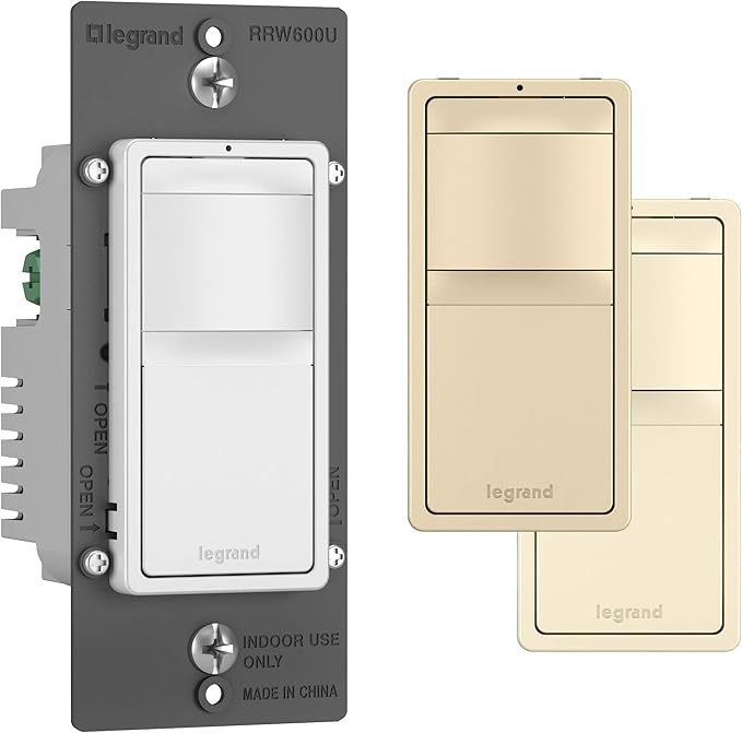 Legrand Radiant 600W Occupancy Motion Sensor Light Switch, 180 Degree Coverage, Auto On/Auto Off, Single Pole, RRW600UTCCCV4, White/Light Almond/Ivory, 1 Count