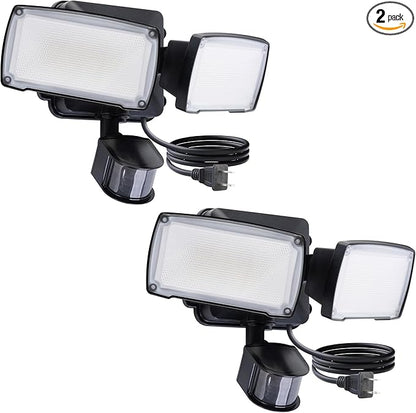 LUTEC 2 Pack 21W Black Plug in Motion Sensor Light Outdoor, Flood Lights Outdoor Motion Sensor,2500LM, 5000K Daylight,IP65 Waterproof,Adjustable 2 Heads Wall Light for Garage, Porch, Yard