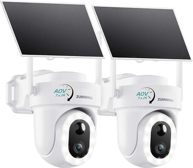 ZUMIMALL 9W Solar Security Cameras Wireless Outdoor, AOV 24/7 Recording Cameras for Home Security, 360° View, 2K Color Night Vision, 2-Way Talk, 2.4GHz WiFi, Auto Tracking, SD/Cloud/Alexa/AI (2-Pack)
