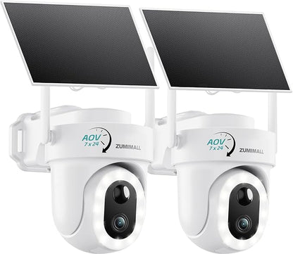 ZUMIMALL 9W Solar Security Cameras Wireless Outdoor, AOV 24/7 Recording Cameras for Home Security, 360° View, 2K Color Night Vision, 2-Way Talk, 2.4GHz WiFi, Auto Tracking, SD/Cloud/Alexa/AI (2-Pack)