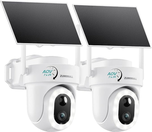 ZUMIMALL 9W Solar Security Cameras Wireless Outdoor, AOV 24/7 Recording Cameras for Home Security, 360° View, 2K Color Night Vision, 2-Way Talk, 2.4GHz WiFi, Auto Tracking, SD/Cloud/Alexa/AI (2-Pack)