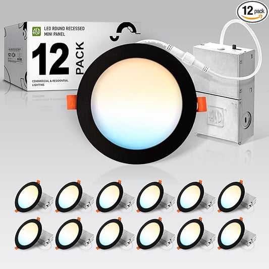 ASD 12 Pack LED Recessed Lighting 6 Inch 15W, 5 CCT 2700K-5000K CRI90+, IC Rated Ultra Thin Dimmable Ceiling Lights with J Box, Canless Wafer Downlight, Round Slim Panel Light, UL Energy Star, Black