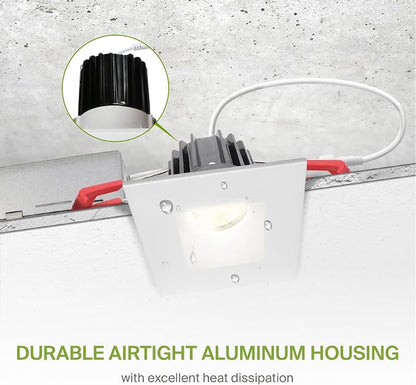 ASD 2 Inch LED Recessed Lighting with Junction Box, 8W 600 Lumens, Dimmable Anti-Glare Downlight, 2700K/3000K/3500K/4000K/5000K Selectable, CRI 90+, Square White Trim, IC Rated, ETL, Energy Star