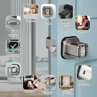 Richelock Fingerprint Door knob, Smart Biometric Door Lock with Keypad, Keyless Entry Code Door Knob, Waterproof & Weatherproof , Auto Lock ,Voice Navigation, For Bedroom, Gate,Office -Matte Black