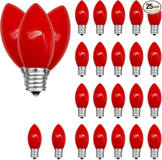 25 Pack Red C9 LED Bulbs, C9 Replacement Bulbs for Christmas Tree Lights Patio String Lights Outdoor Indoor, E17/C9 Intermediate Base, 7 Watt, Ceramic Red