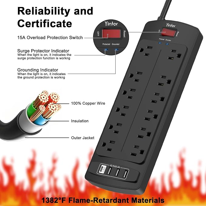 Yintar 6Ft Surge Protector Power Strip with 12 Outlets and 4 USB Ports | 10 Feet Flat Plug Extension Cord with Multiple Outlets for Home, Office, Dorm Essentials, 2700 Joules, ETL, Black