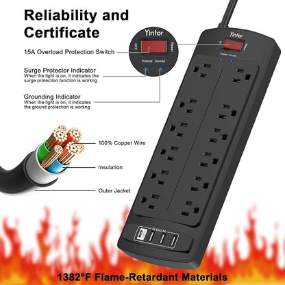 Yintar 6Ft Surge Protector Power Strip with 12 Outlets and 4 USB Ports | 10 Feet Flat Plug Extension Cord with Multiple Outlets for Home, Office, Dorm Essentials, 2700 Joules, ETL, Black