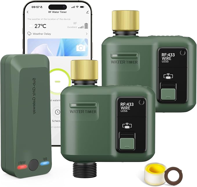 WiFi Water Timer for Garden Hose, 2 Pc Smart Sprinkler Controller with 984ft RF Range, Smart Lawn Watering System Irrigation Timer, APP/Voice Control, Rain Delay, Manual Irrigation (Brass Inlet)