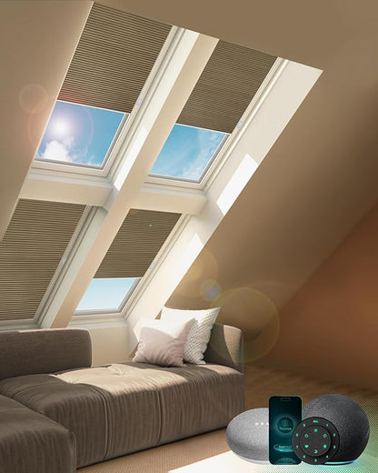 Yoolax Motorized Cellular Shades, Smart Skylight Shades Compatible with Alexa Google, Automatic Cordless Honeycomb Blinds with Remote for Roof Inclined Plane Room (Blackout Coffee)