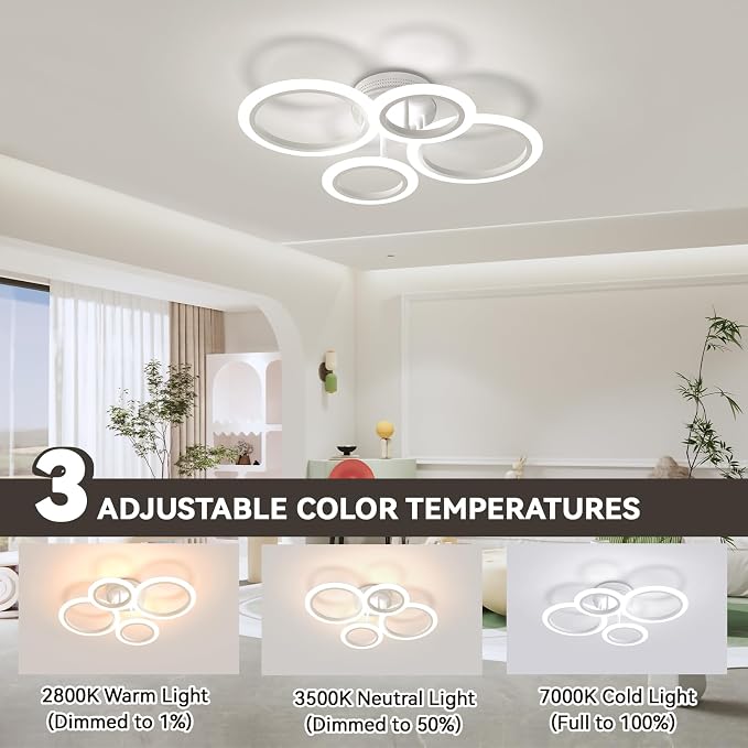 48W 4 Ring White LED Ceiling Light Dimmable for Bedroom Living Kitchen | 2800K-7000K Dimmable, Acrylic Ring Design, Modern Flush Mount Ceiling Lamp ideal for Living Spaces & Small Rooms
