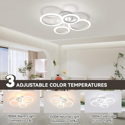 48W 4 Ring White LED Ceiling Light Dimmable for Bedroom Living Kitchen | 2800K-7000K Dimmable, Acrylic Ring Design, Modern Flush Mount Ceiling Lamp ideal for Living Spaces & Small Rooms