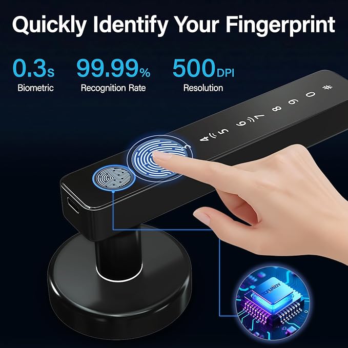 Keyless Entry Fingerprint Smart Door Lock with Handle, Digital Electronic Lock with Touchscreen Keypad, Door Locks for Bedrooms/Front Door/Apartment, Generate Password Remotely
