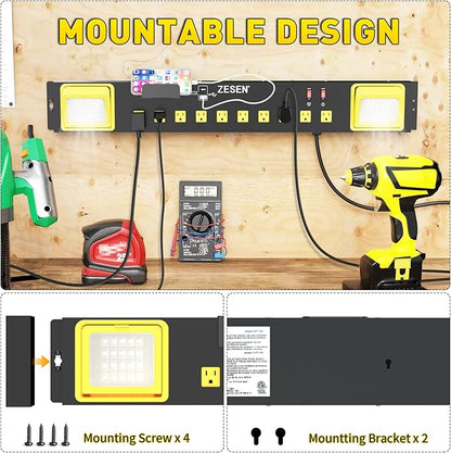 ZESEN 10 Outlet Power Strip with LED Worklight, Heavy Duty Metal Power Strip Surge Protector 4ft Cord with 2-Port USB Charge, ETL Listed for Workshop Garage Office Home