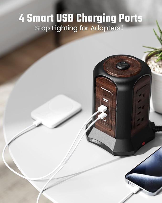SUPERDANNY Power Strip Tower Surge Protector, 10 Ft Extension Cord with Multiple Outlets, 9 Outlets, 4 USB Ports (2 USB C), 1080 Joules, 3-Prong, Grounded, Desktop Charging Station for Home, Office