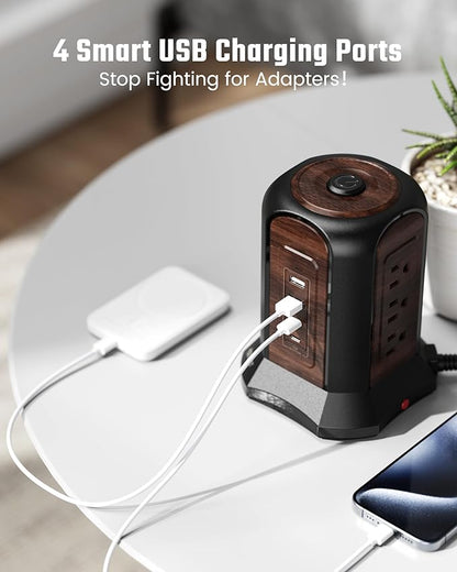SUPERDANNY Power Strip Tower Surge Protector, 10 Ft Extension Cord with Multiple Outlets, 9 Outlets, 4 USB Ports (2 USB C), 1080 Joules, 3-Prong, Grounded, Desktop Charging Station for Home, Office