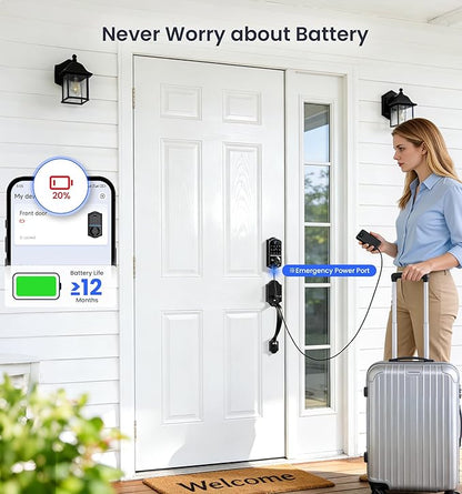 Veise VE017-H Fingerprint Smart Front Door Lock Set, App Control, 8-in-1 Keyless Entry Deadbolt with Zinc Alloy Handles, Emergency Power Port, Touchscreen Keypad, Auto Lock, Easy Install, Matte Black