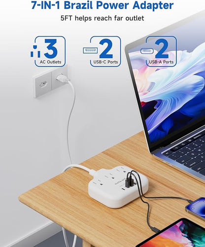 Brazil Power Adapter with 5FT Extension Cord, meta-ant US to Brazil Travel Plug with 3 American Outlets and 4 USB Charger Port(2 USB C), Type N Adaptor for USA to Brazilian Brazil, White