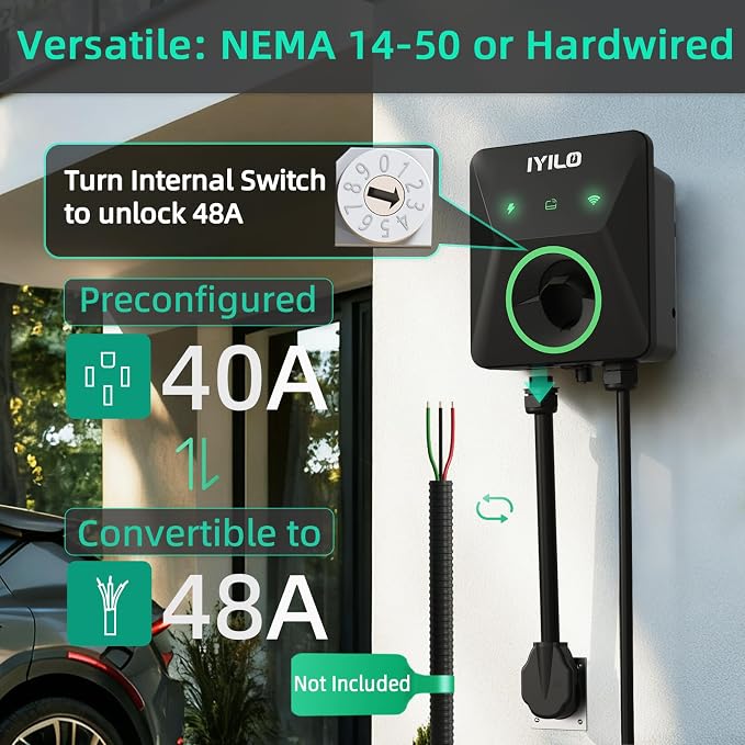 Upgraded Version Level 2 EV Charger, 40A /9.6KW or 48A/11.5KW