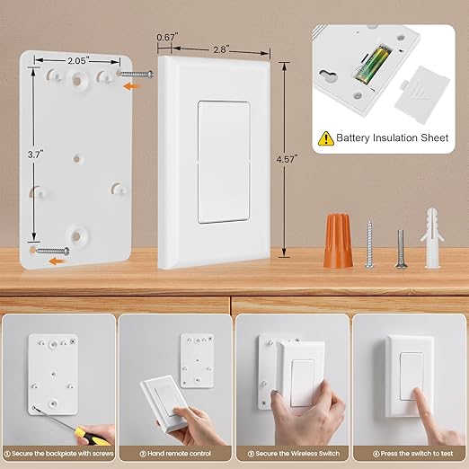 SURAIELEC Wireless Wall Switch Remote Control Outlet, No Wiring, 100ft RF Range, Pre-Programmed, Expandable Wireless Light Switches for Plug in Pendant Light, Lamp (2 Wall Switches and 1 Receiver)
