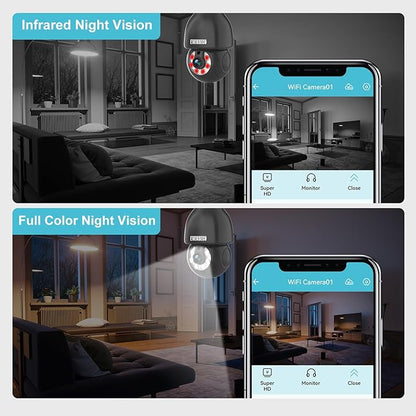 EVERSECU HD 2K 3.0MP Wireless Light Bulb Security Camera with E27 Light Connector, Motion Auto Tracking, 2 Way Audio, Spotlight Night Vision, Free APP, WiFi Screw-in CCTV Camera, Black(4pack)