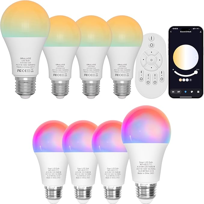 ORALUCE 丨 Bundle - LED Light Bulbs 4 Pack with Remote Control & A19 E26 Smart LED Light Bulb (Pack of 4)