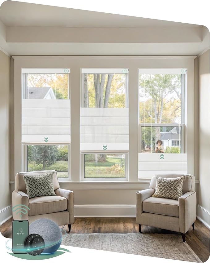 Yoolax Smart Top Down Bottom Up Roman Shades, Motorized Roman Shades with Remote, Semi Sheer Smart Blinds Work with Alexa, Google Home, Apple Homekit for Living Room, Customized (Starry White)