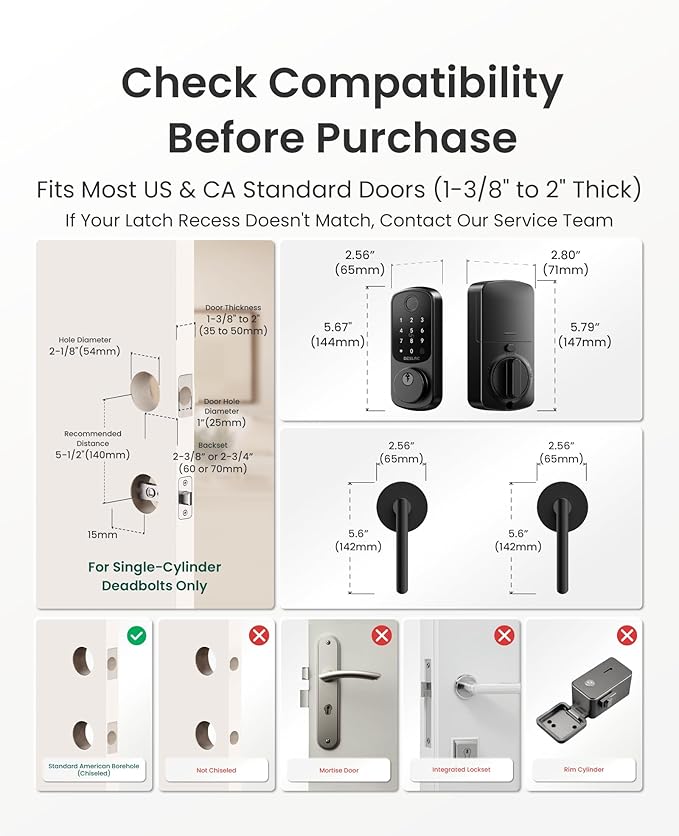 DESLOC B200 Fingerprint Smart Lock with 2 Lever Handles, Keyless Entry Front Door Lock Set, Electronic Keypad Deadbolt, App Control, Auto Lock, Long Battery Life,Matte Black